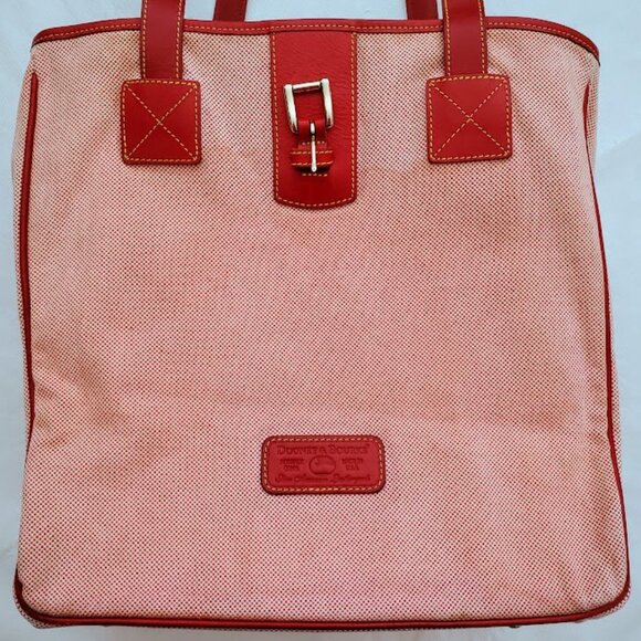 Dooney & Bourke Large Red Tweed Canvas Carry-All Tote Leather Handles & Accents - Picture 13 of 15